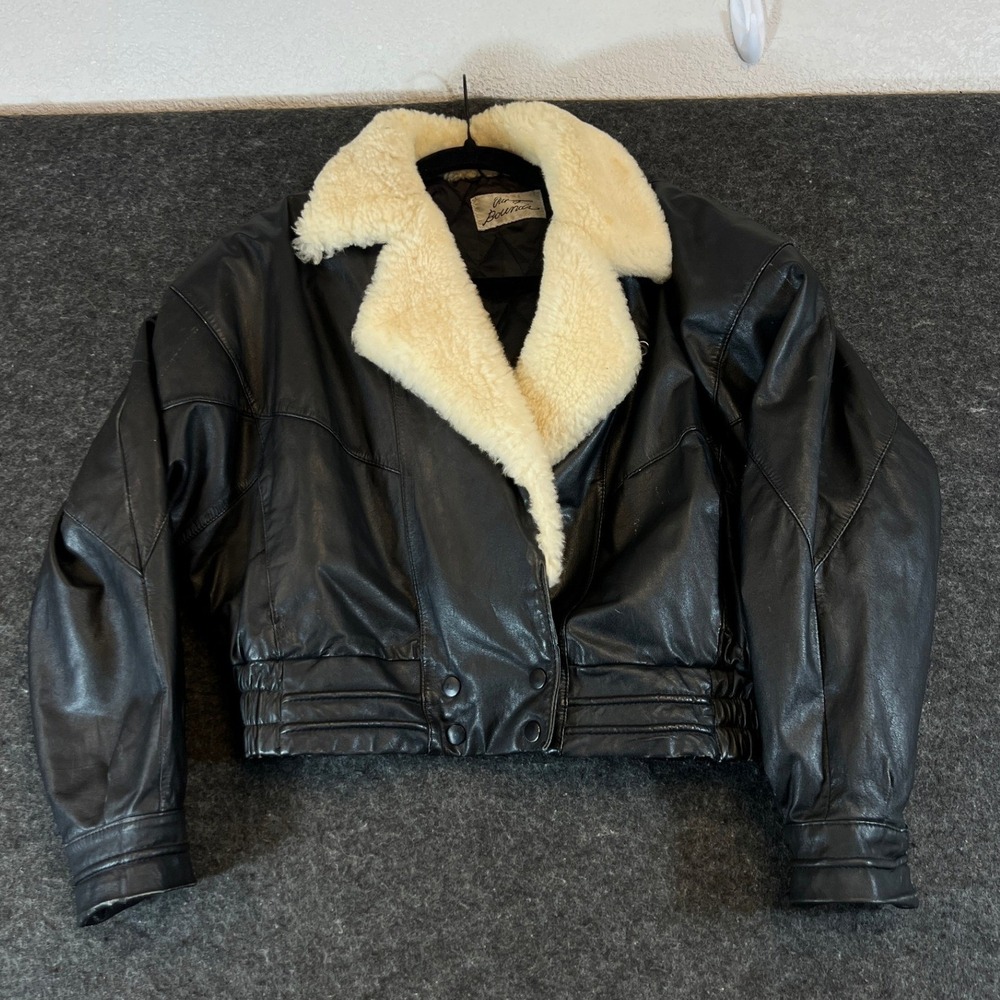 Vtg 80s Out Of Bounds Bomber Jacket Womens Medium Black Leather Shearling Collar